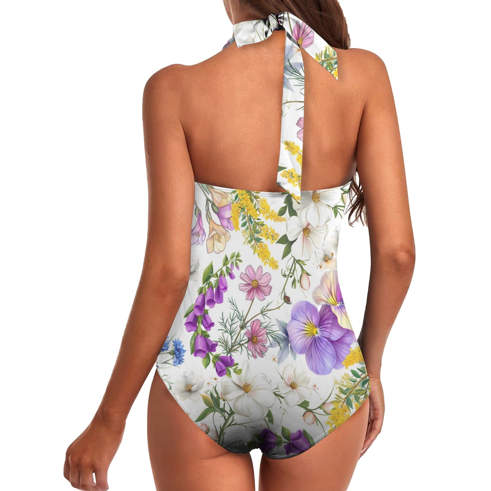 Large White Floral Women's Ruched Halter Neck Swimsuit up to 5 XL (FWS) 4