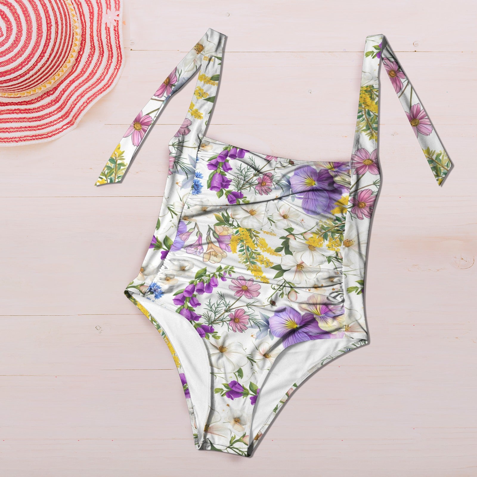 Large White Floral Women's Ruched Halter Neck Swimsuit up to 5 XL (FWS) 5
