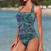 Lines Art Blue Women's Ruched Halter Neck Swimsuit up to 5 XL (FWS) 2