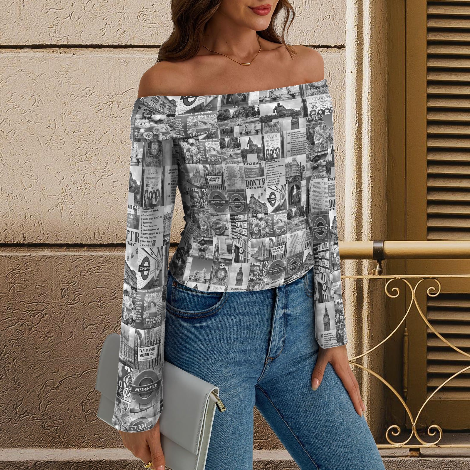 London Black and White Off Shoulder Slim Fit Long Sleeve Top up to 5 XL 2