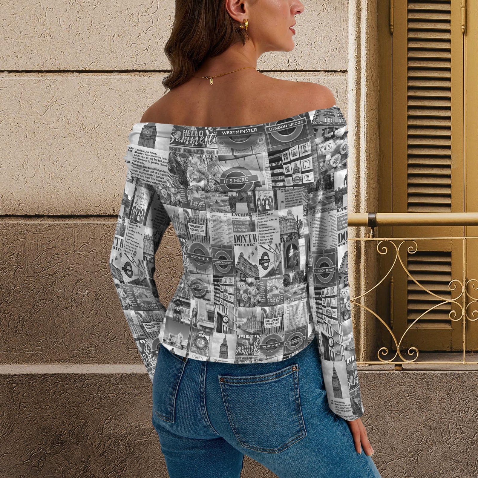 London Black and White Off Shoulder Slim Fit Long Sleeve Top up to 5 XL 3