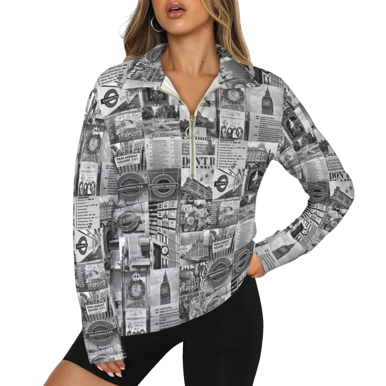 London Black and White Zip Neck Long Sleeve Top up to 5 XL white