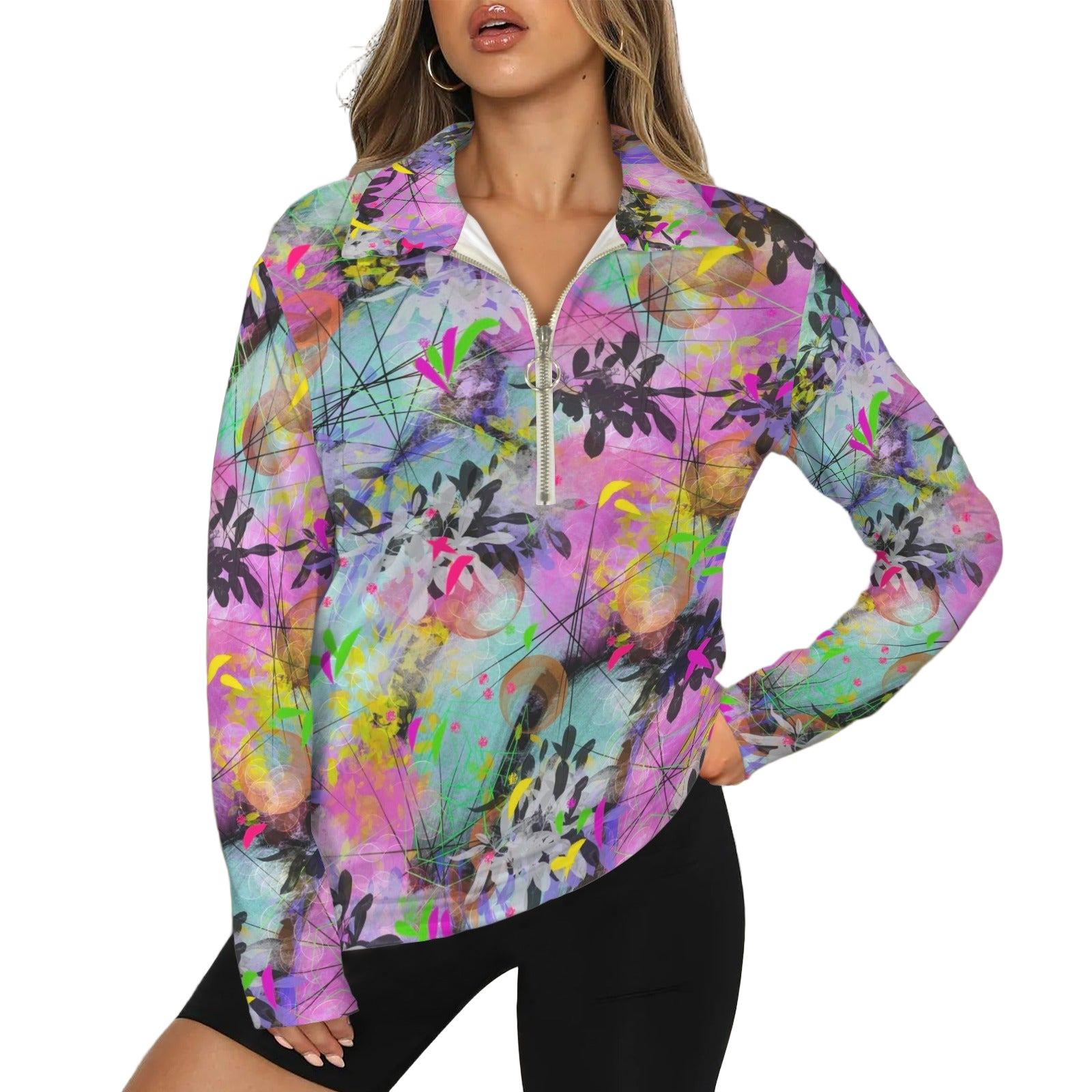 Midsummer Nights Zip Neck Long Sleeve Top up to 5 XL white