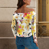 Multi Frangipani Black Off Shoulder Slim Fit Long Sleeve Top up to 5 XL 3