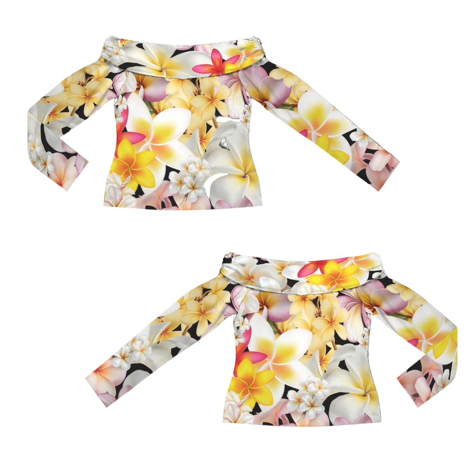 Multi Frangipani Black Off Shoulder Slim Fit Long Sleeve Top up to 5 XL 4