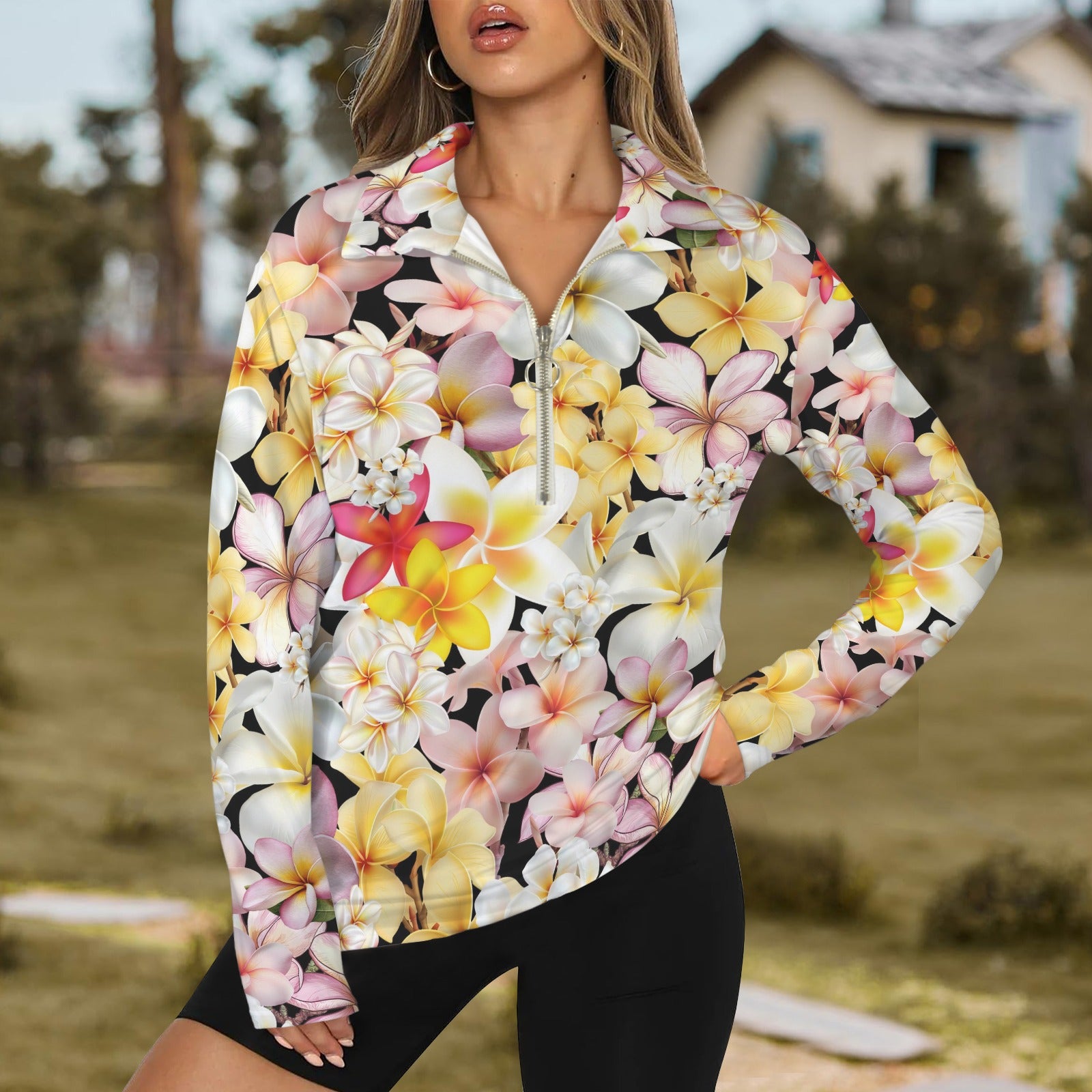 Multi Frangipani Black Zip Neck Long Sleeve Top up to 5 XL 1