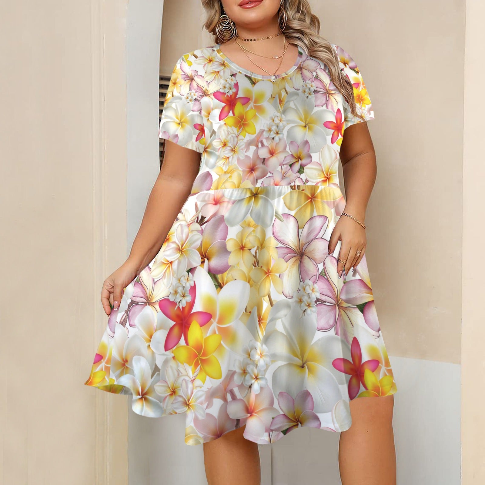 Multi Frangipani White Casual Dress With Pockets up to 5 XL (FWS) 3