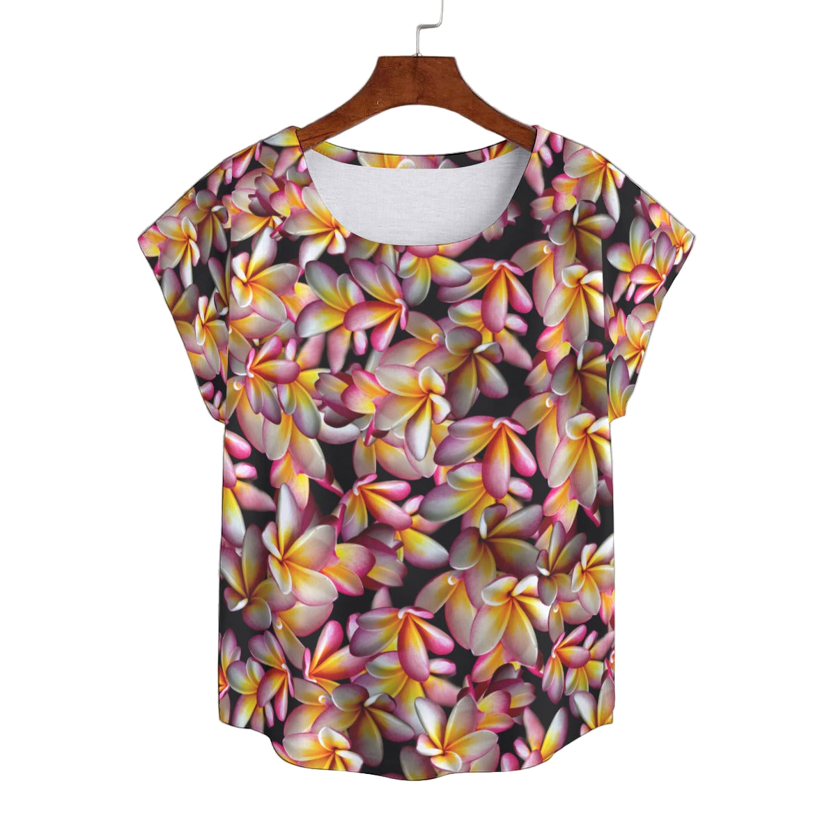 Multi Frangipanis Black Curved Hem Top Large to 5 XL (FWS) 1