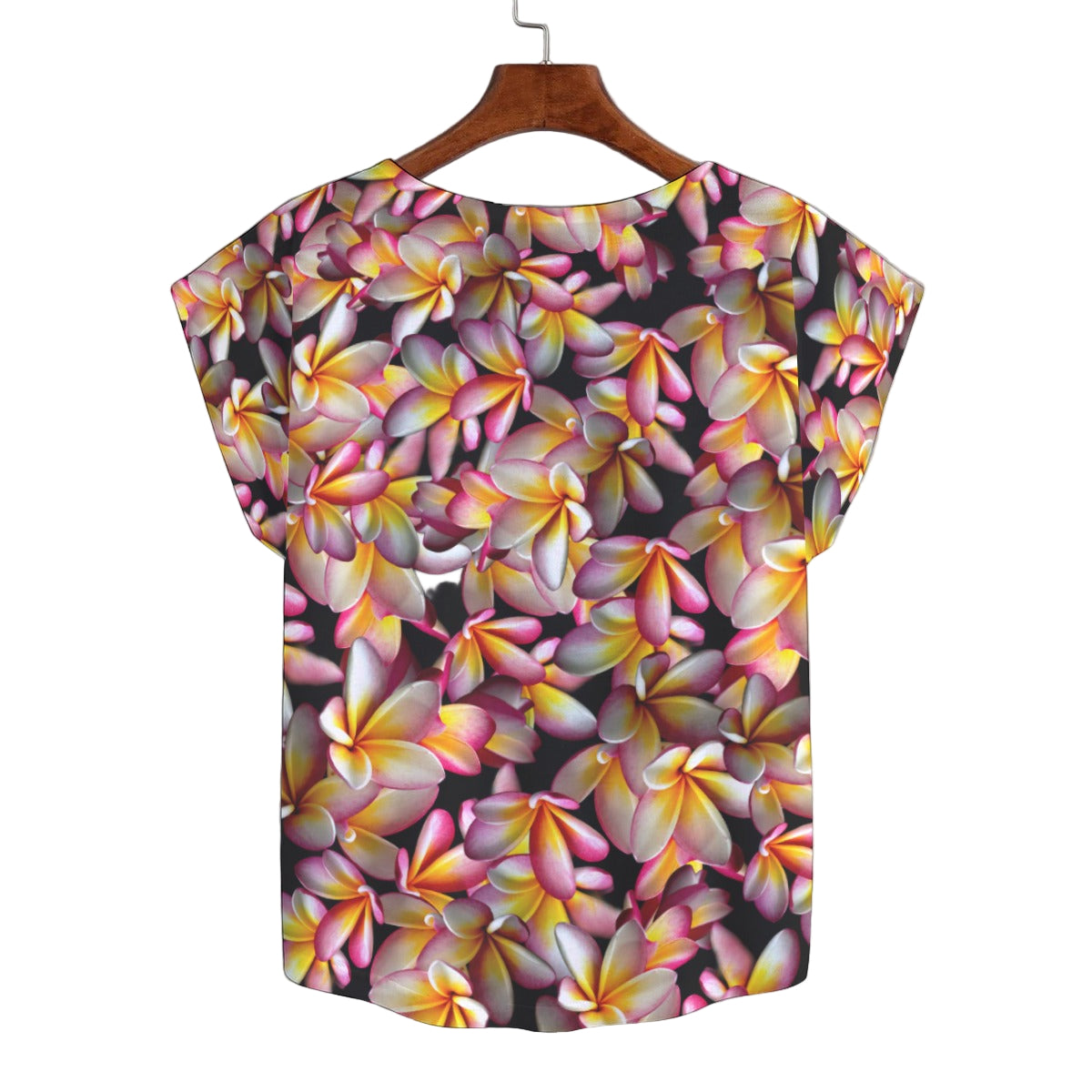 Multi Frangipanis Black Curved Hem Top Large to 5 XL (FWS) 2