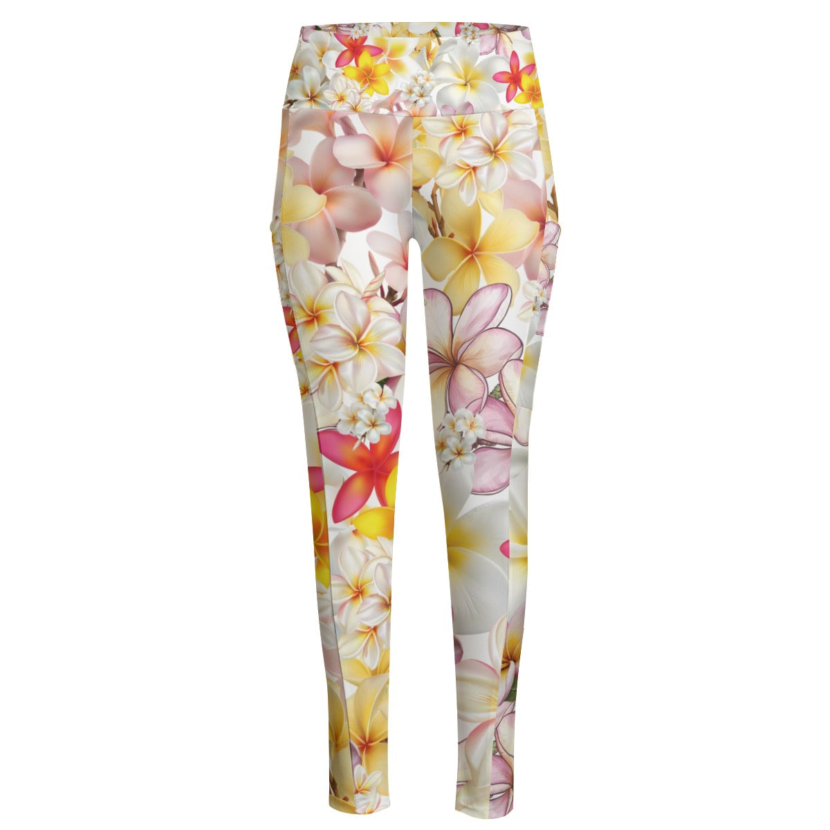Multi Frangipanis White High Waist Long Leggings With Side Pockets up to 6 XL 1