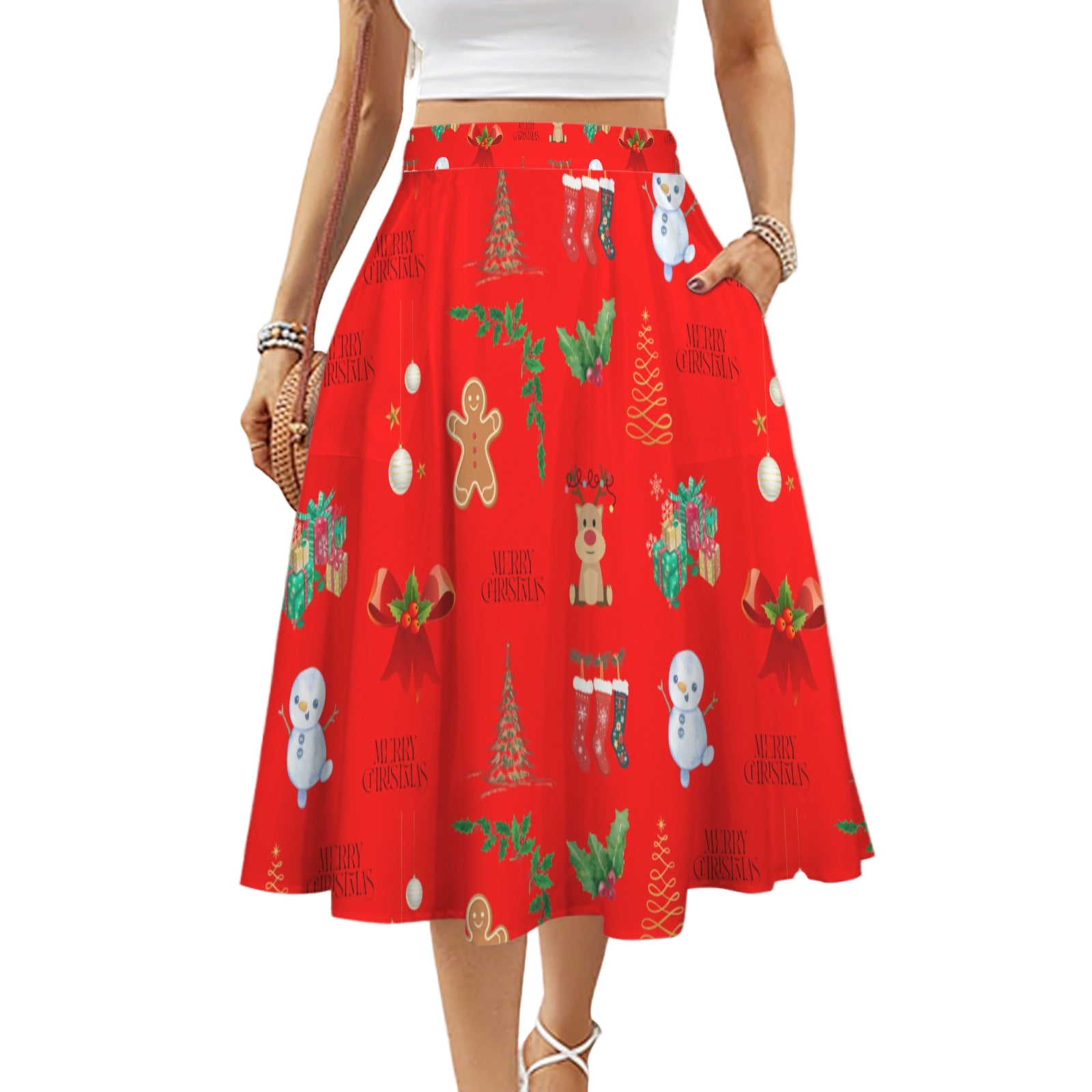 New Christmas Red Mid Length Skirt with Pockets up to 5 XL (FWS) white
