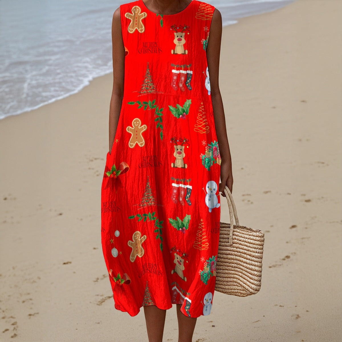 New Christmas Red Sleeveless Dress | 125GSM Slub Cotton up to 5 XL 1