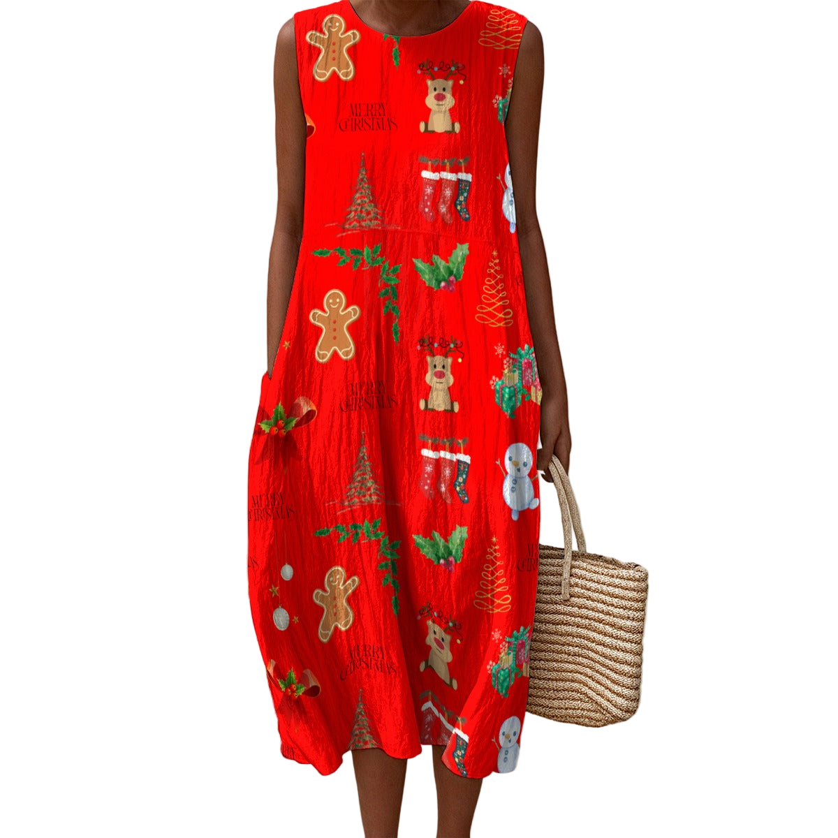 New Christmas Red Sleeveless Dress | 125GSM Slub Cotton up to 5 XL white