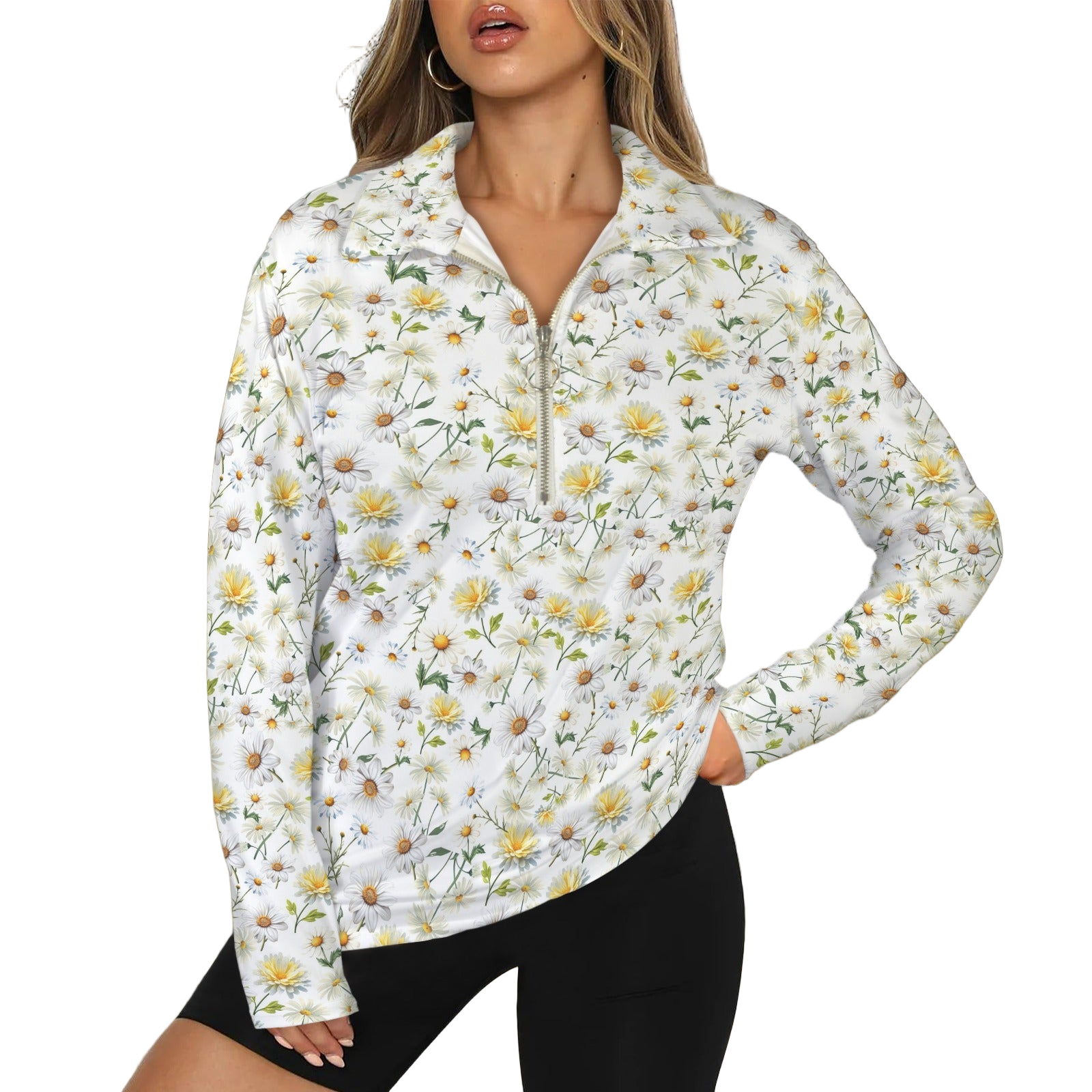 New Daisies Zip Neck Long Sleeve Top up to 5 XL white