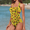 New Sunflowers Black Women's Ruched Halter Neck Swimsuit up to 5 XL (FWS) 2