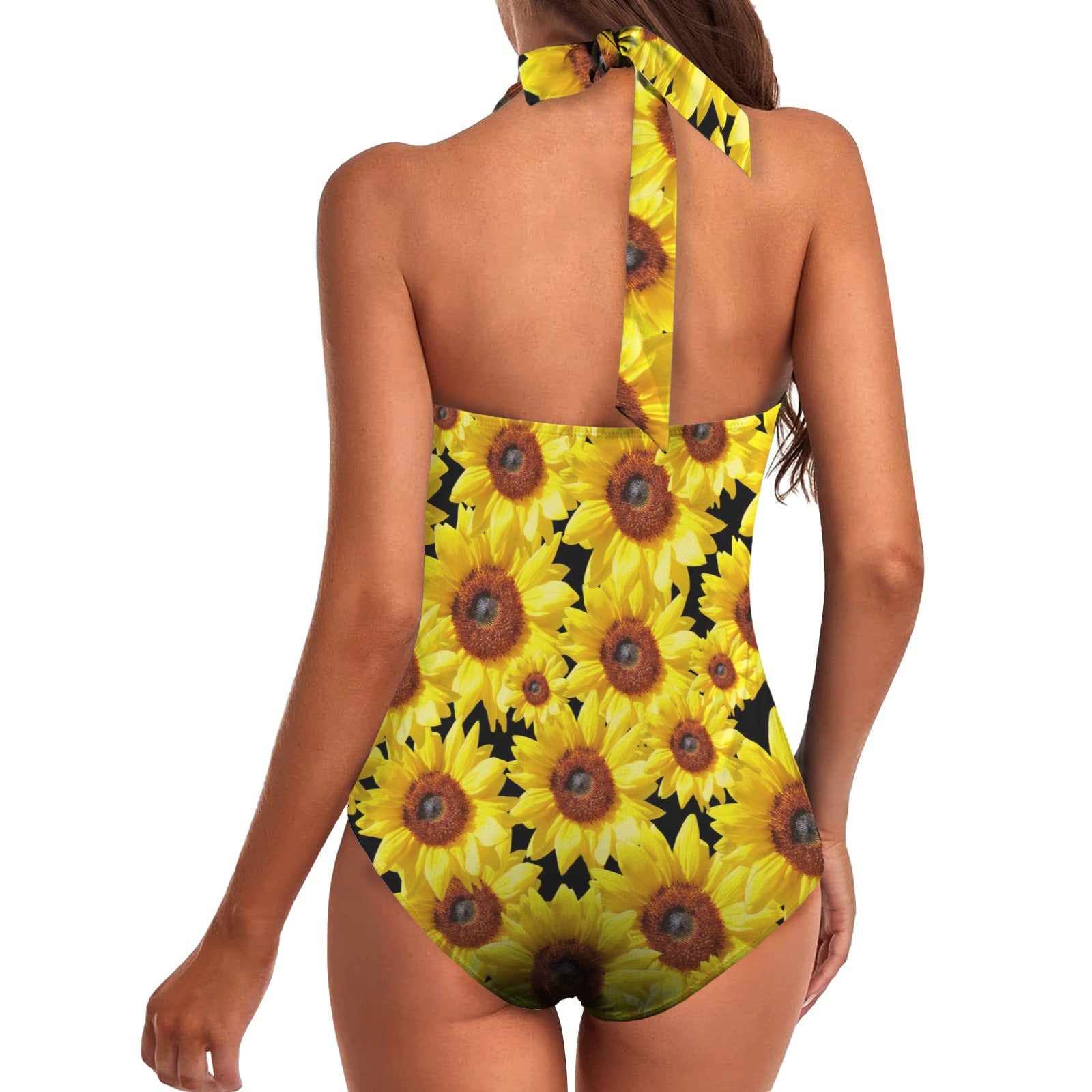 New Sunflowers Black Women's Ruched Halter Neck Swimsuit up to 5 XL (FWS) 5