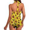 New Sunflowers Black Women's Ruched Halter Neck Swimsuit up to 5 XL (FWS) 5