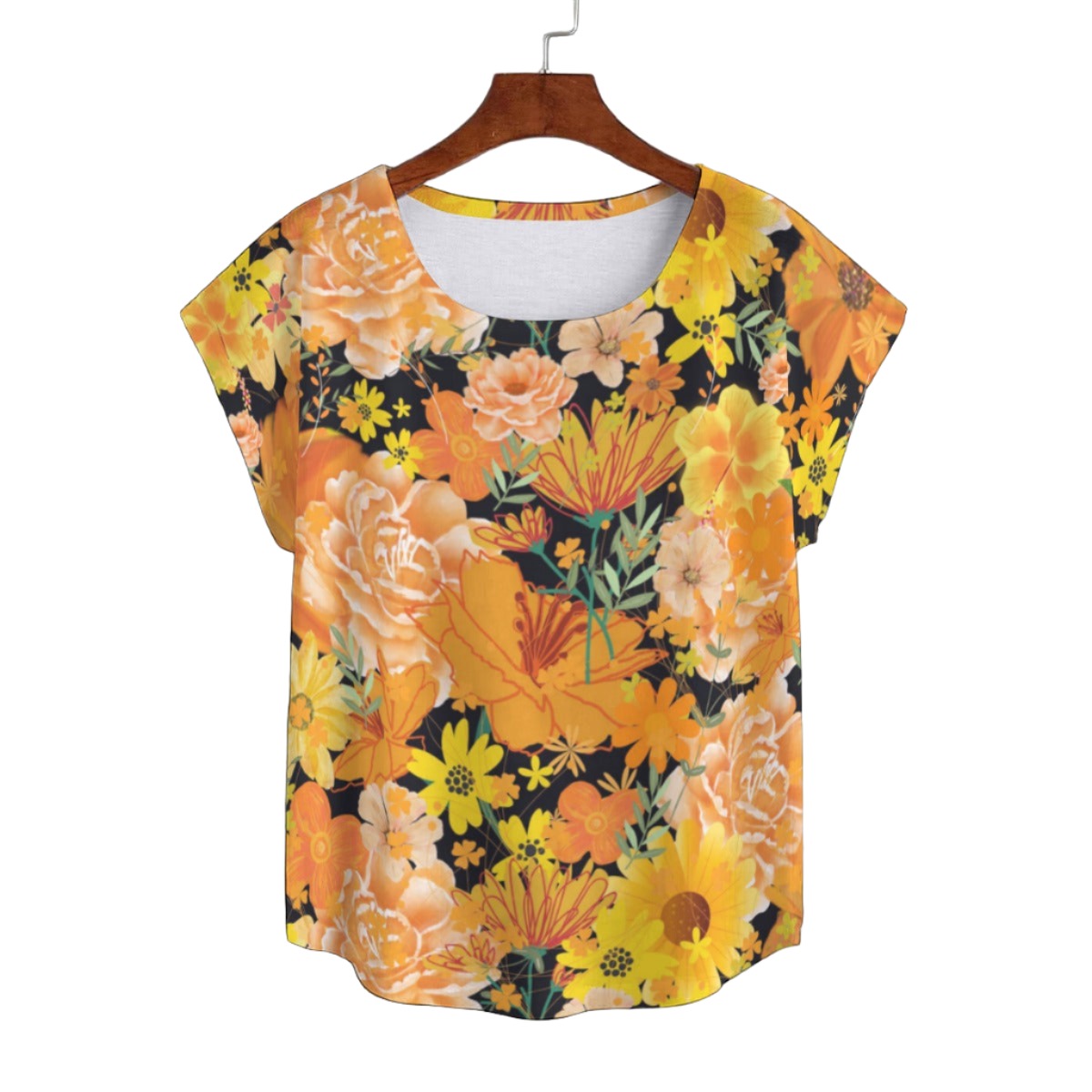Orange & Yellow Floral Black Curved Hem Top Large to 5 XL (FWS) 1
