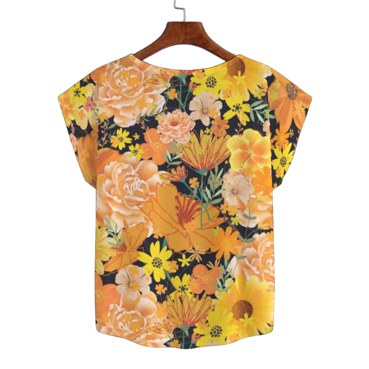 Orange & Yellow Floral Black Curved Hem Top Large to 5 XL (FWS) 2