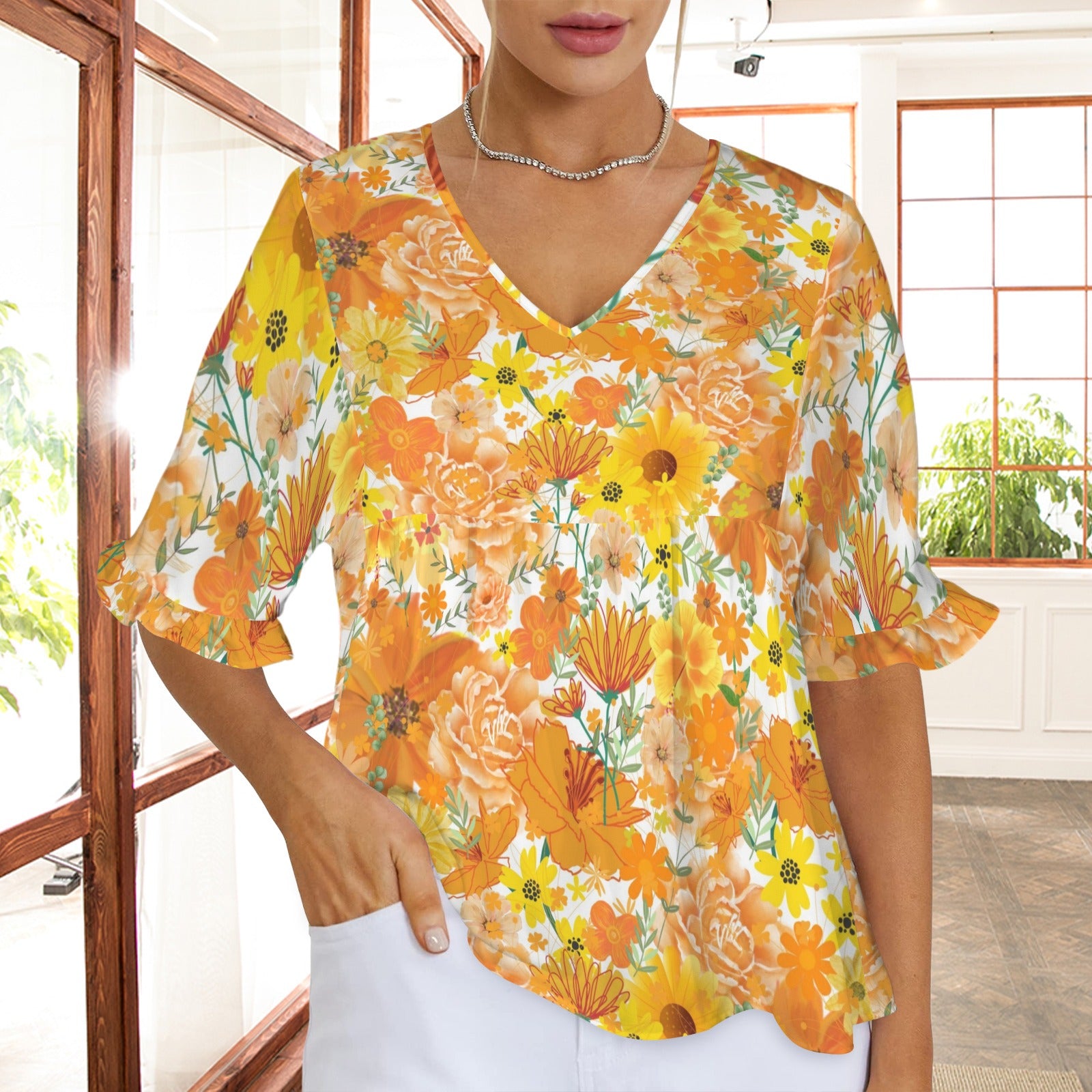Orange & Yellow Floral White Longer Ruffle Sleeve Top up to 5 XL (FWS) 3