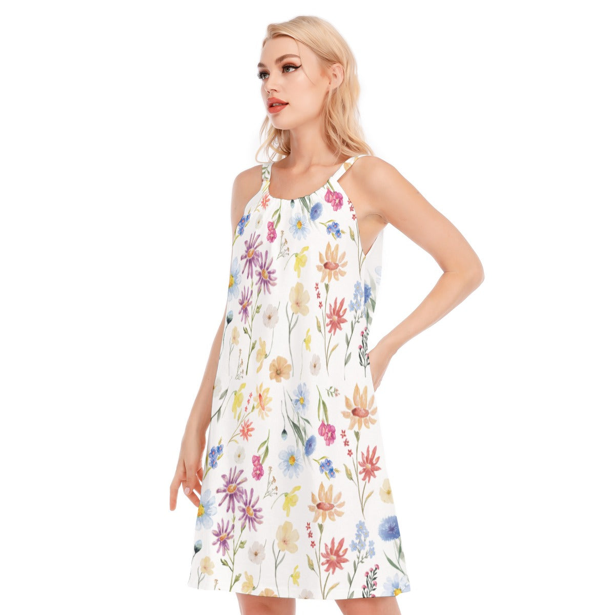 Painted Wildflowers White 0-Neck Dress up to 5 XL | 190GSM Cotton 3