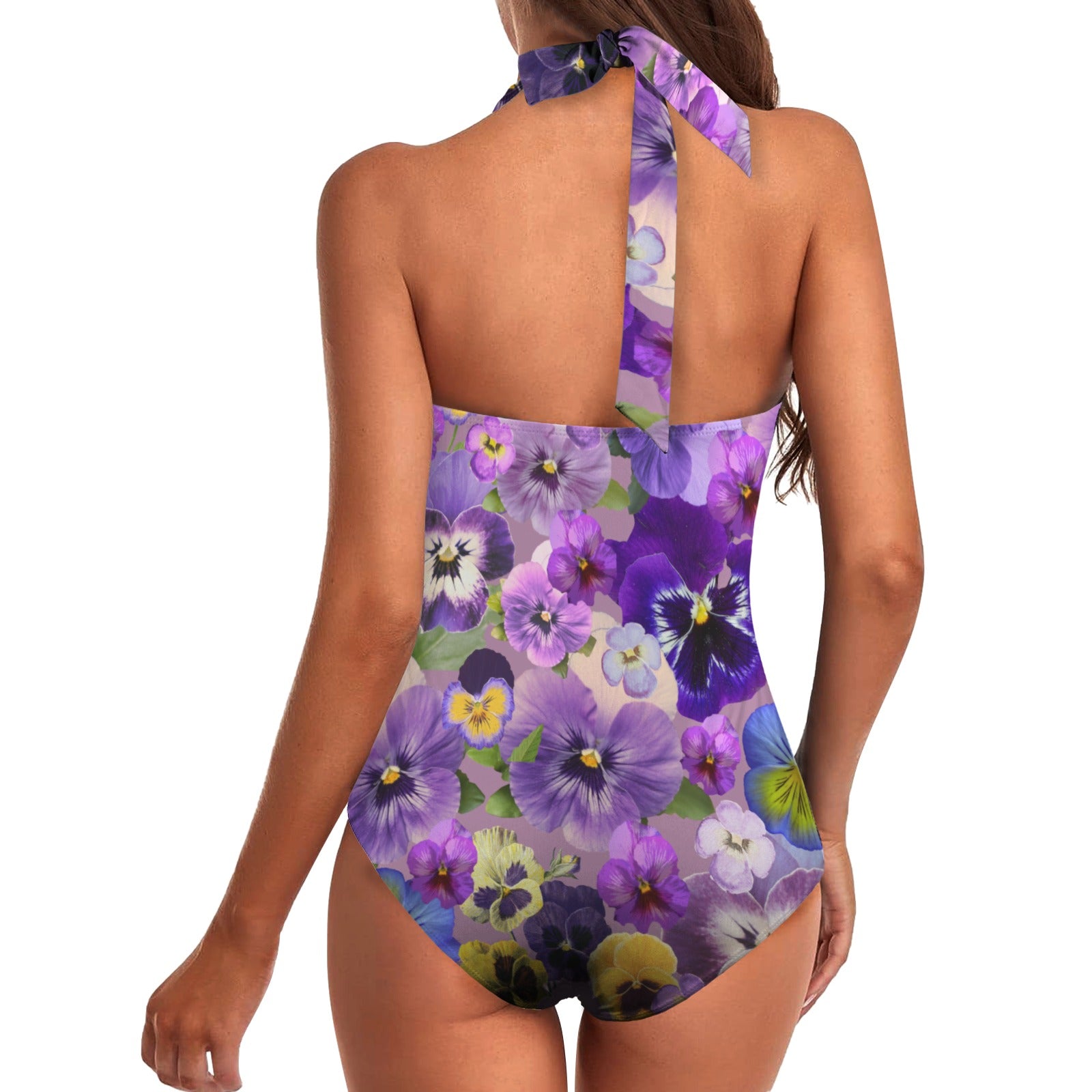 Pansies Retro Pink Women's Ruched Halter Neck Swimsuit up to 5 XL (FWS)  4