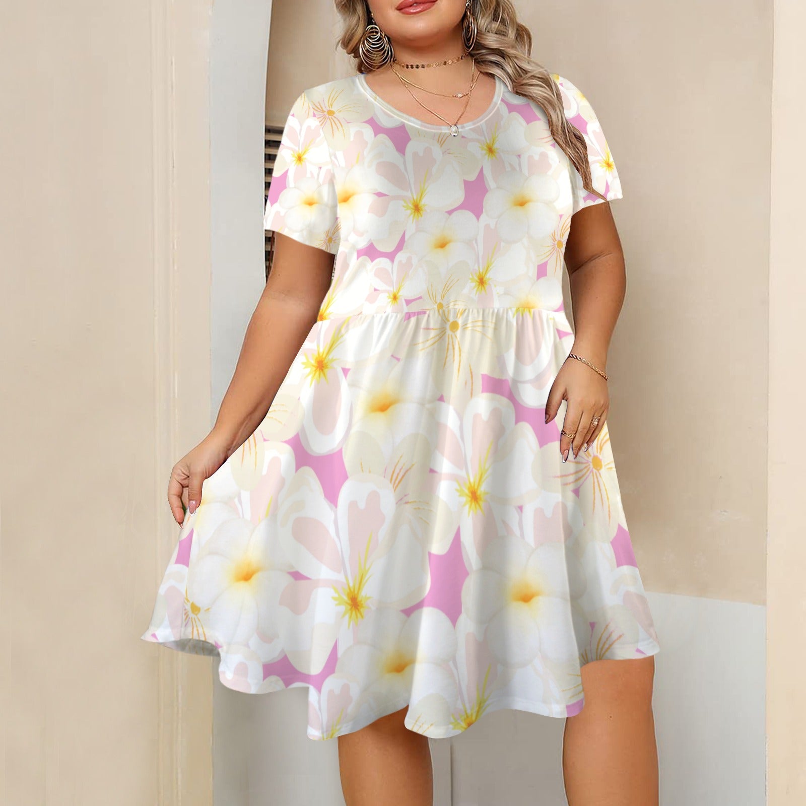 Pastel Frangipanis Pink Casual Dress With Pockets up to 5 XL (FWS) 3