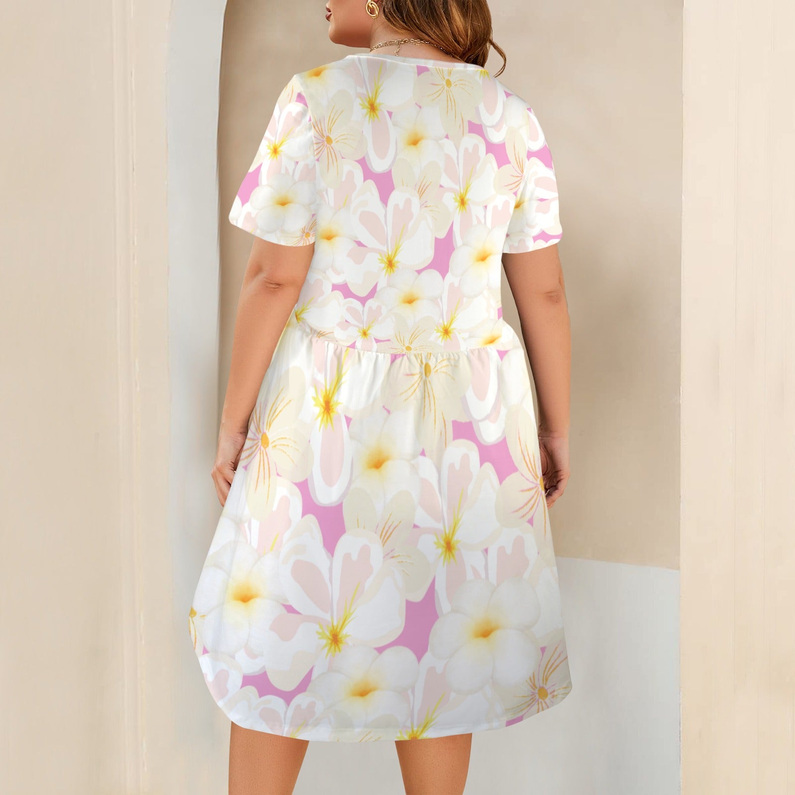 Pastel Frangipanis Pink Casual Dress With Pockets up to 5 XL (FWS) 4