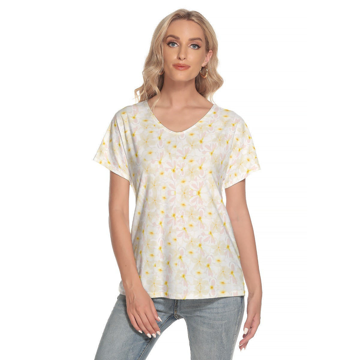 Pastel Frangipanis V Neck Top up to 4 XL (FWS) 1