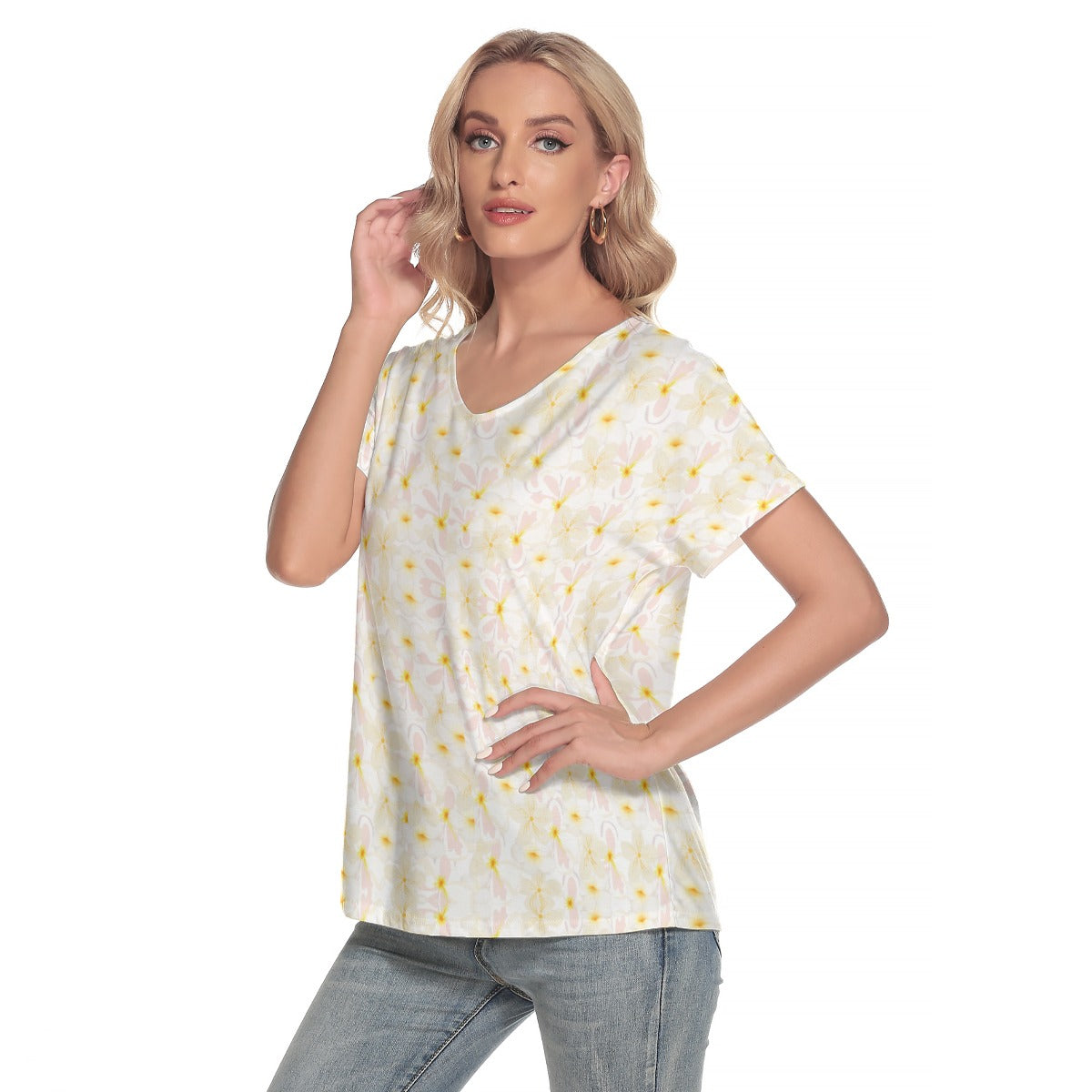 Pastel Frangipanis V Neck Top up to 4 XL (FWS) 3