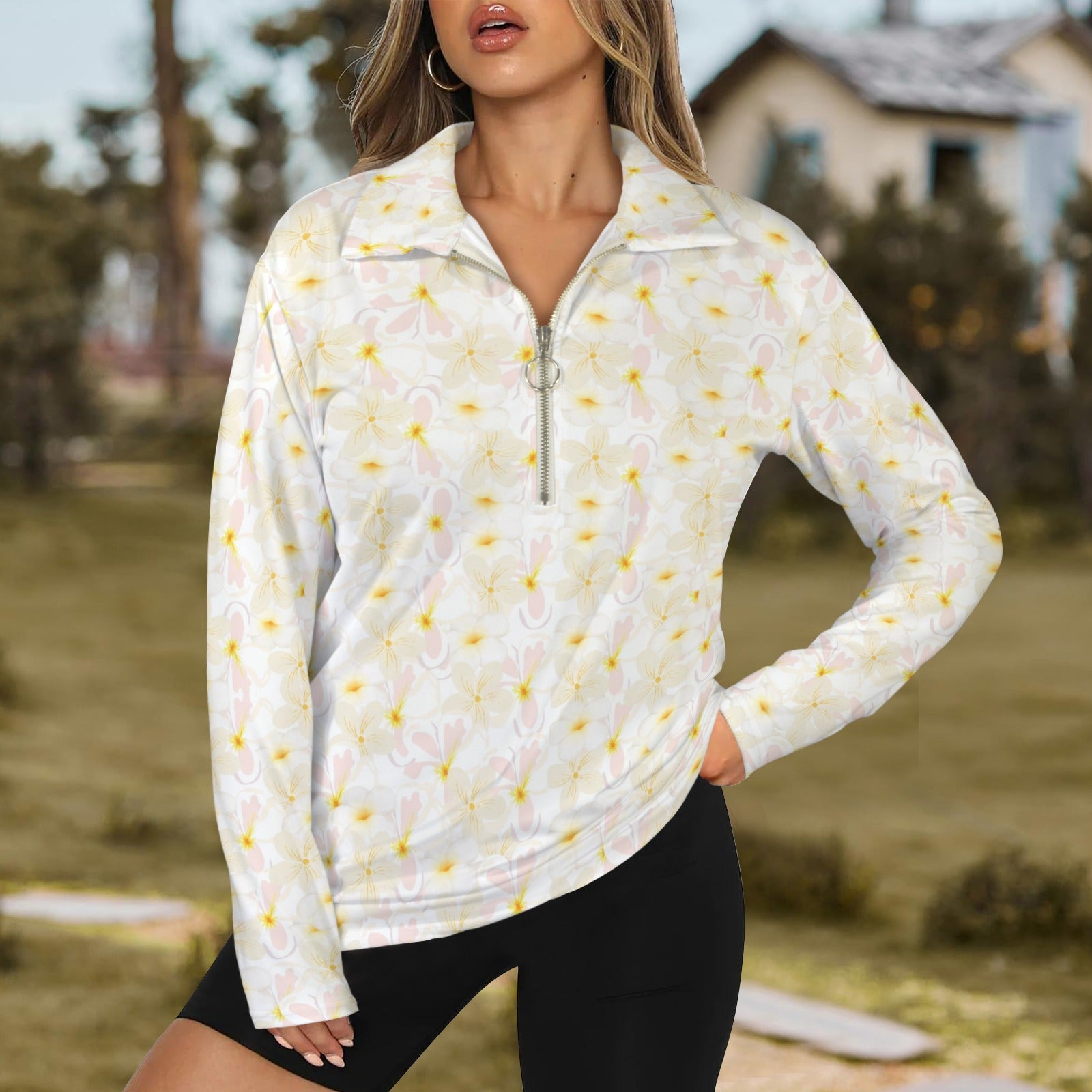 Pastel Frangipanis Zip Neck Long Sleeve Top up to 5 XL 1