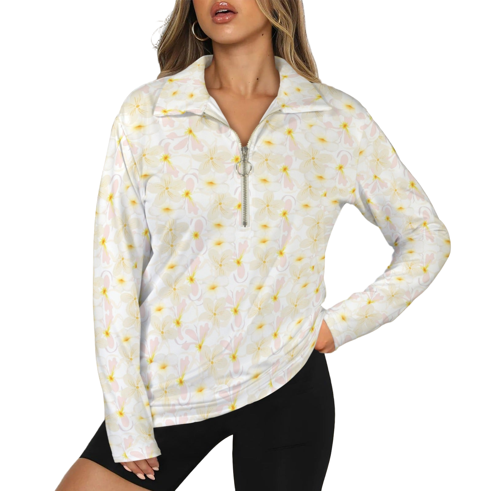Pastel Frangipanis Zip Neck Long Sleeve Top up to 5 XL white