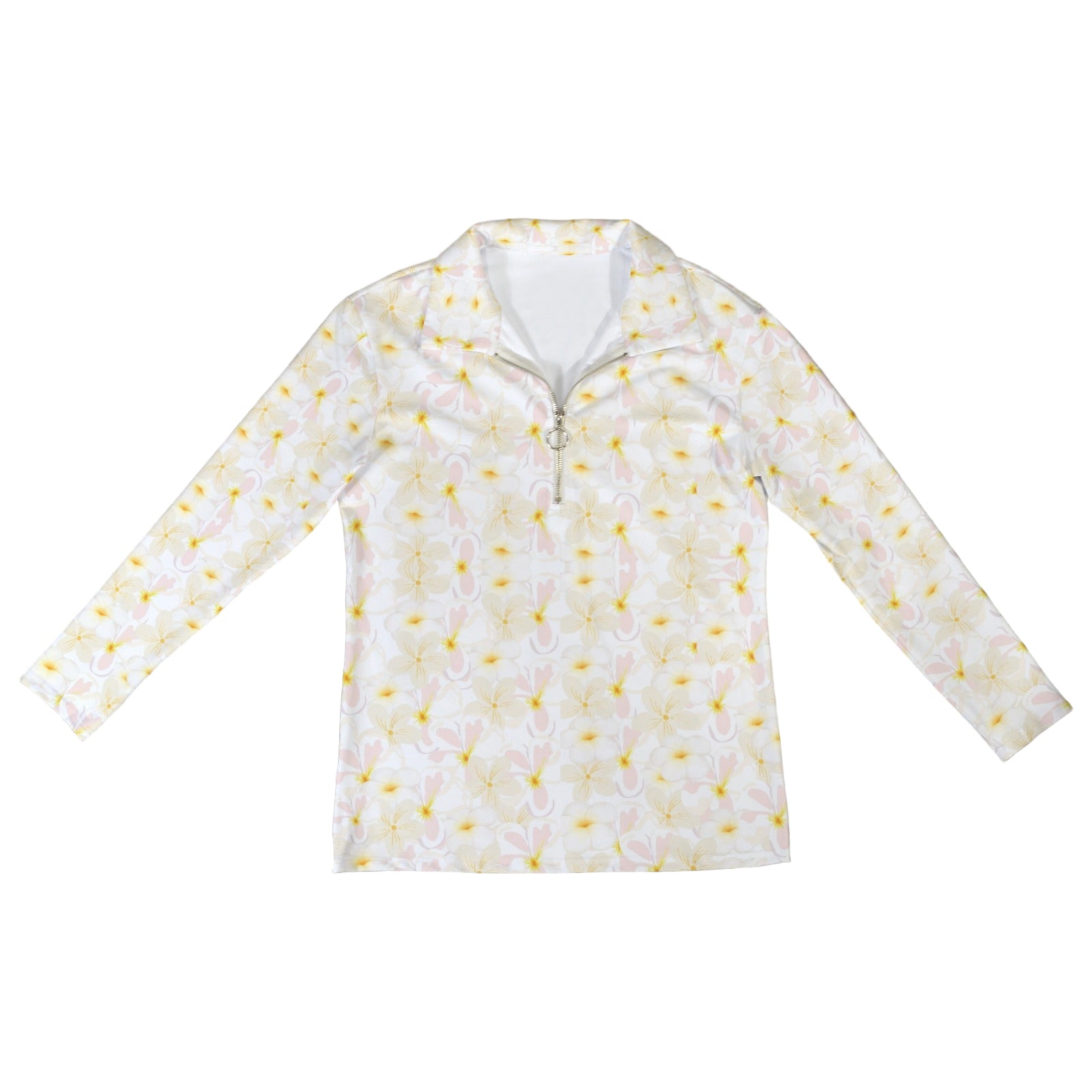 Pastel Frangipanis Zip Neck Long Sleeve Top up to 5 XL white front