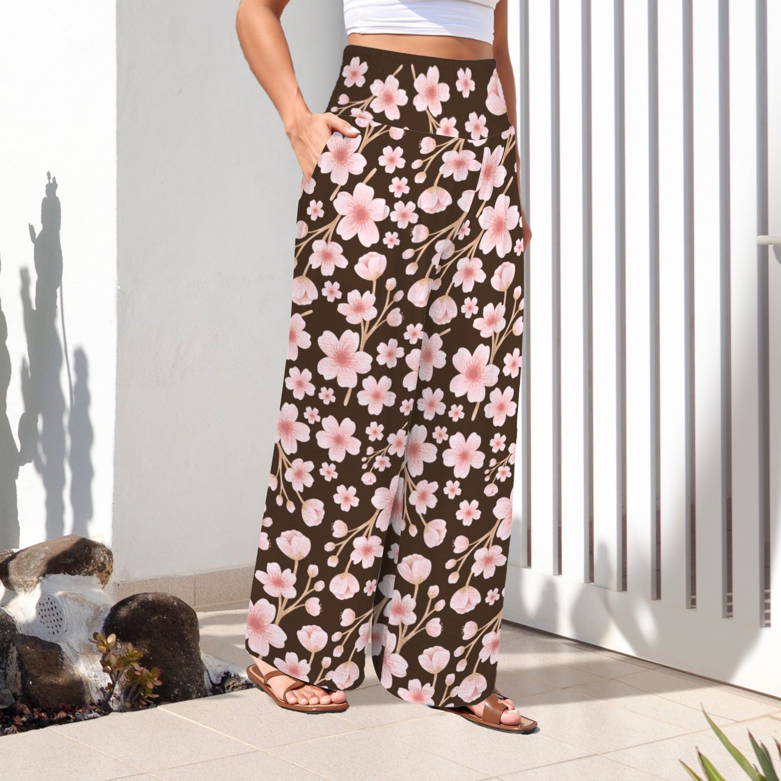 Pink Japanese Flowers Dark High Elastic Waist Pants with Wide Legs up to 5 XL 2