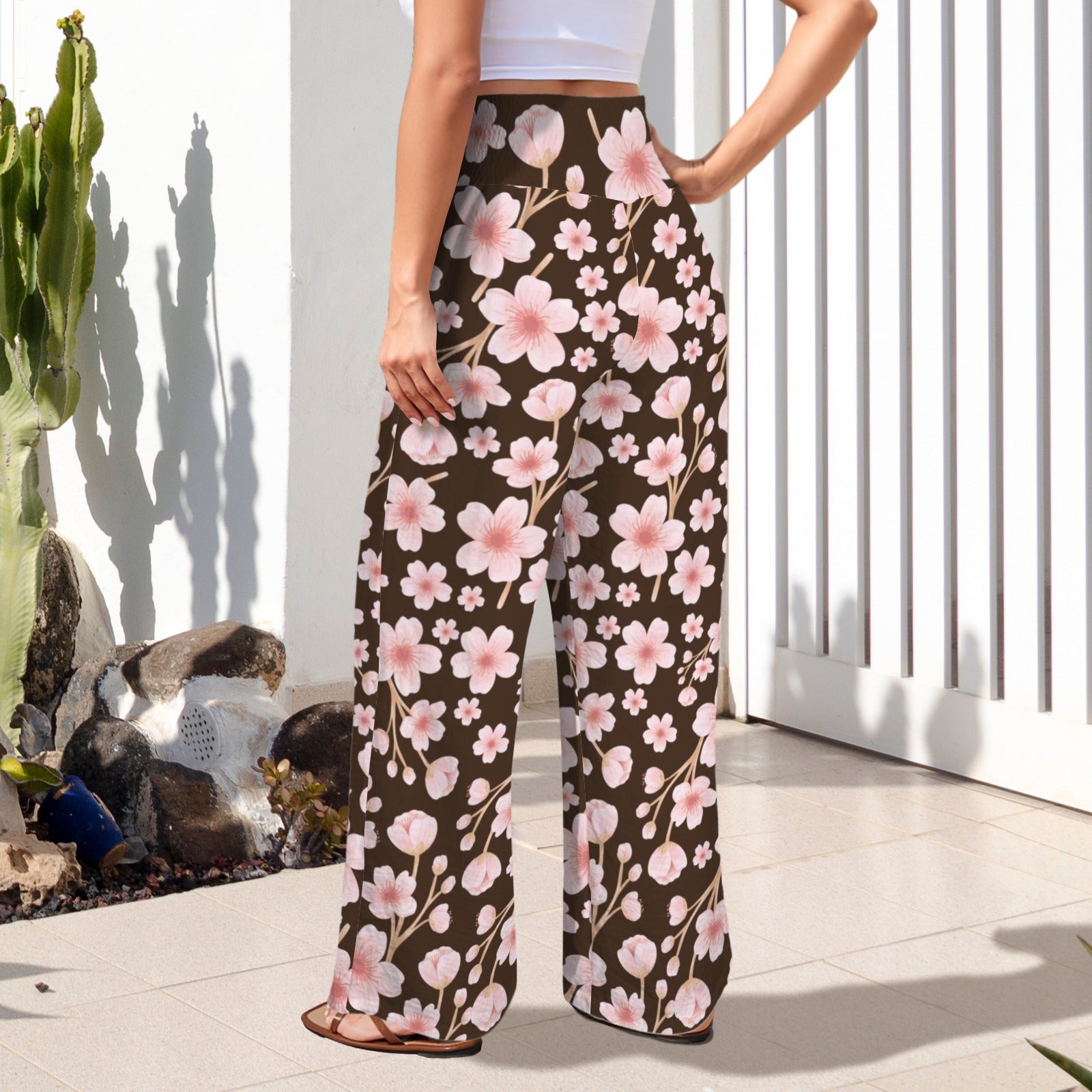 Pink Japanese Flowers Dark High Elastic Waist Pants with Wide Legs up to 5 XL 3