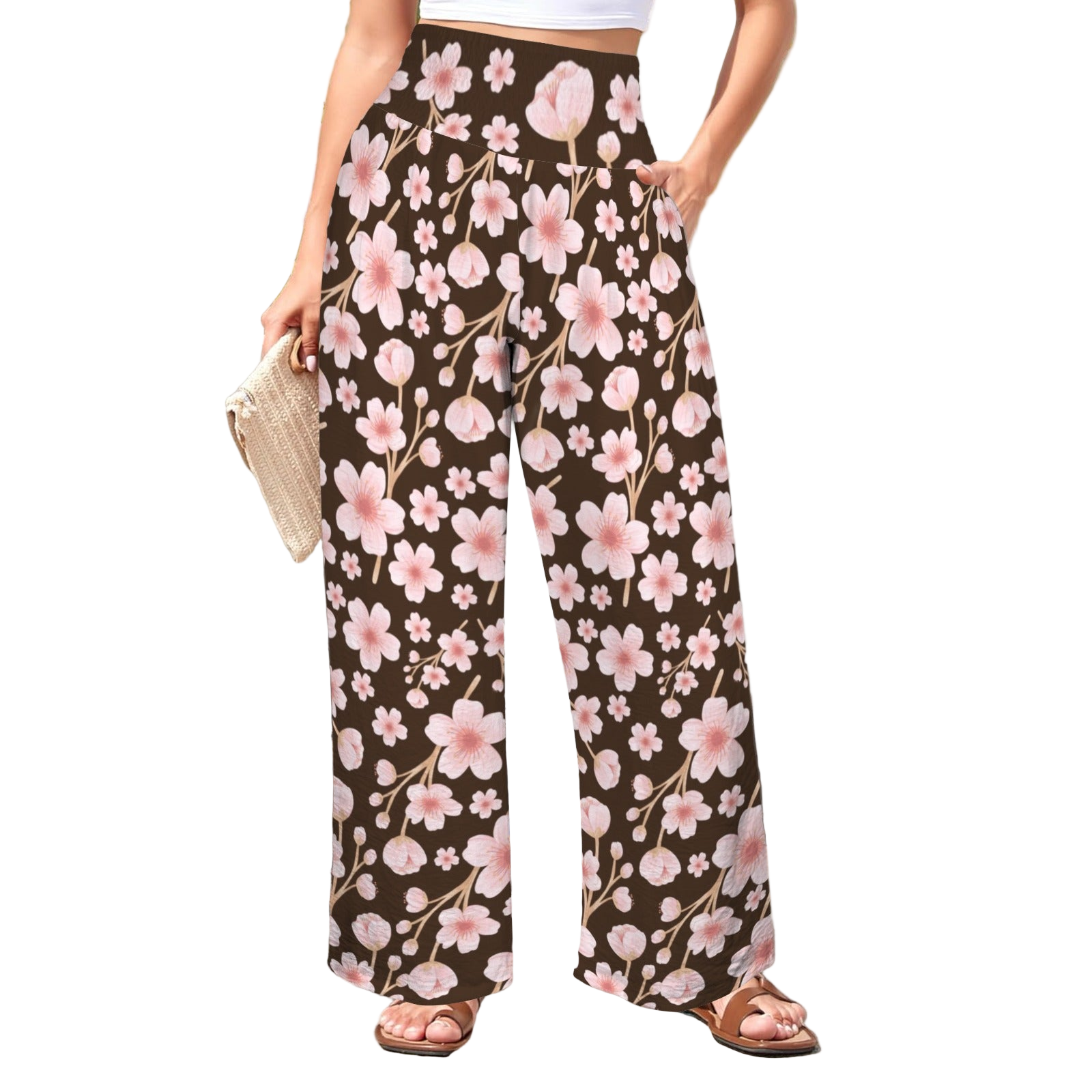 Pink Japanese Flowers Dark High Elastic Waist Pants with Wide Legs up to 5 XL white