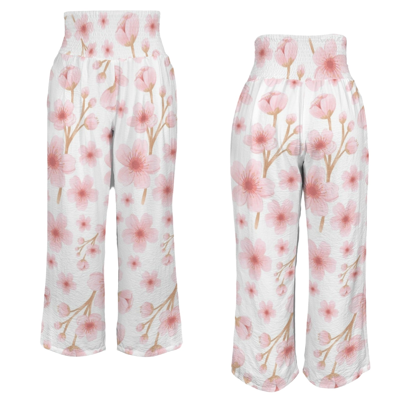 Pink Japanese Flowers White High Elastic Waist Pants with Wide Legs up to 5 XL 4