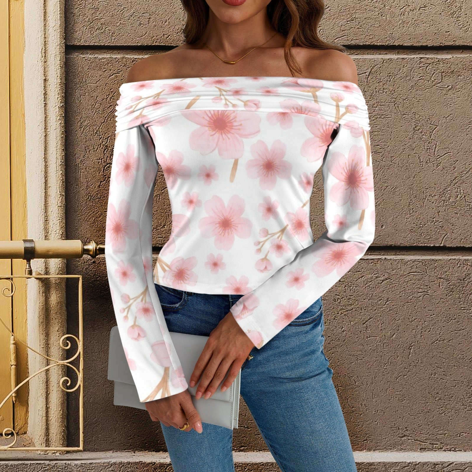 Pink Japanese Flowers White Off Shoulder Slim Fit Long Sleeve Top up to 5 XL 1