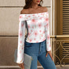 Pink Japanese Flowers White Off Shoulder Slim Fit Long Sleeve Top up to 5 XL 3