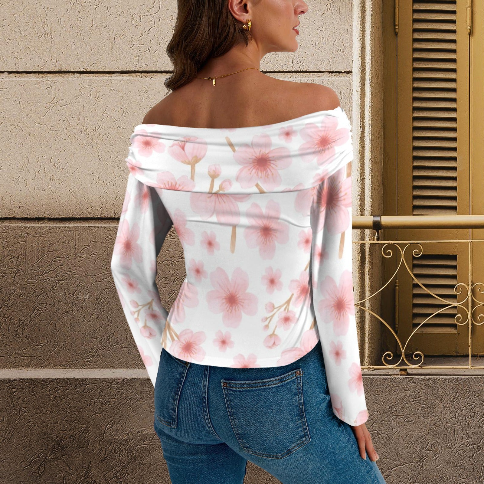 Pink Japanese Flowers White Off Shoulder Slim Fit Long Sleeve Top up to 5 XL 4