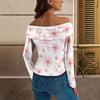 Pink Japanese Flowers White Off Shoulder Slim Fit Long Sleeve Top up to 5 XL 4