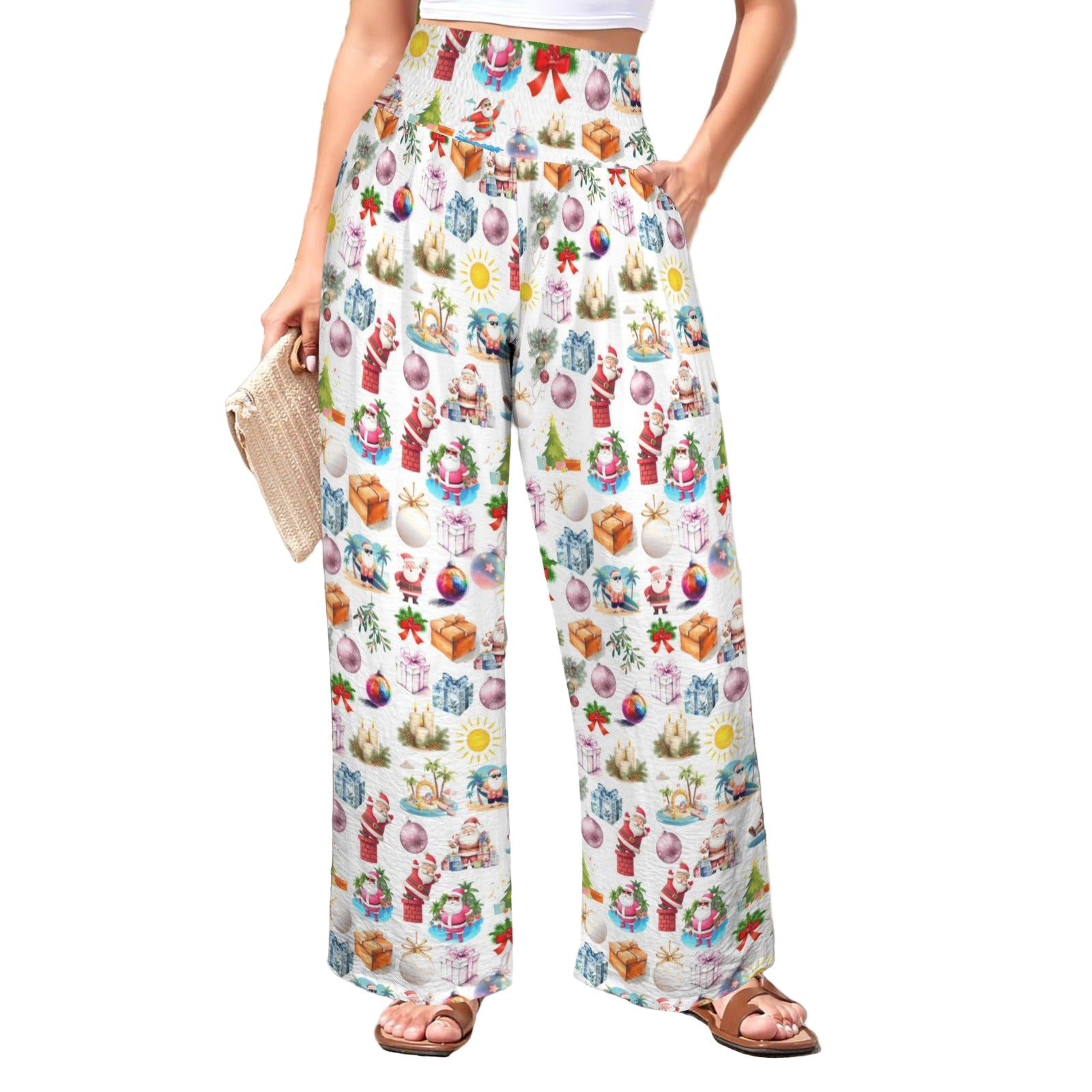 Santa Bay Christmas High Elastic Waist Pants with Wide Legs up to 5 XL white