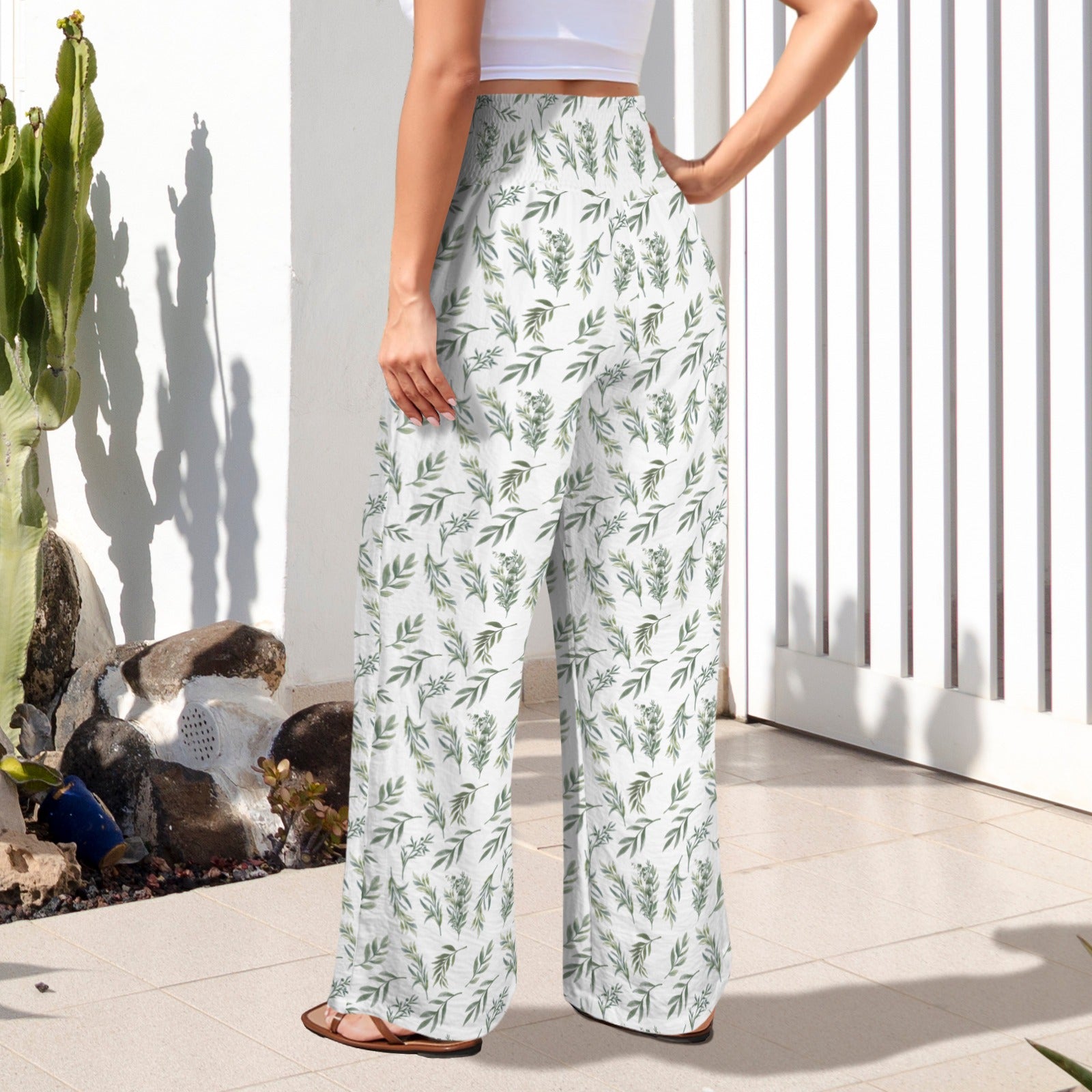 Simple Green Leaves High Elastic Waist Pants with Wide Legs up to 5 XL 4