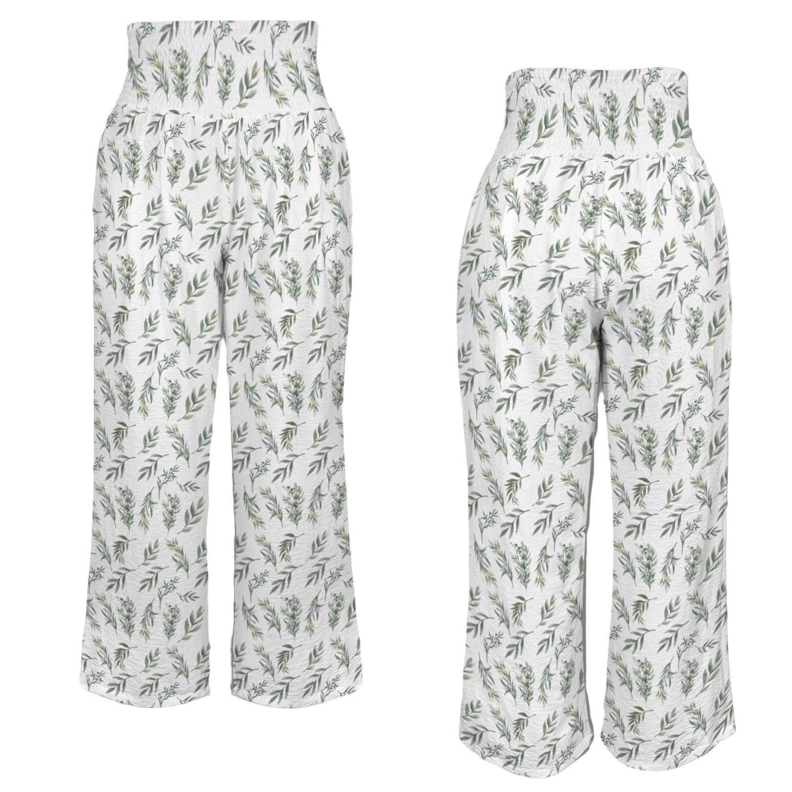 Simple Green Leaves High Elastic Waist Pants with Wide Legs up to 5 XL white 2