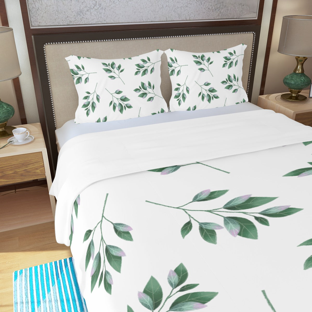 Simple Green Leaves Three Piece Bed Cover Set 1