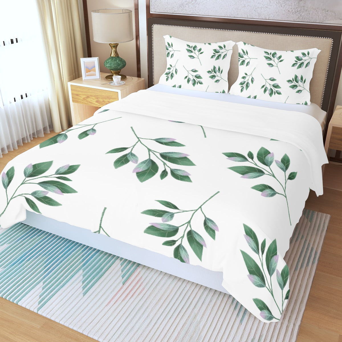 Simple Green Leaves Three Piece Bed Cover Set 2