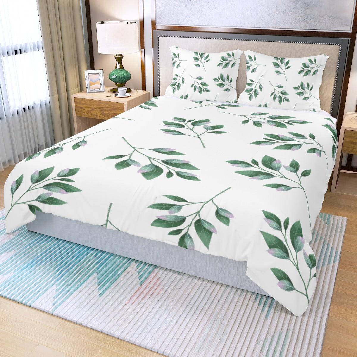 Simple Green Leaves Three Piece Bed Cover Set 3