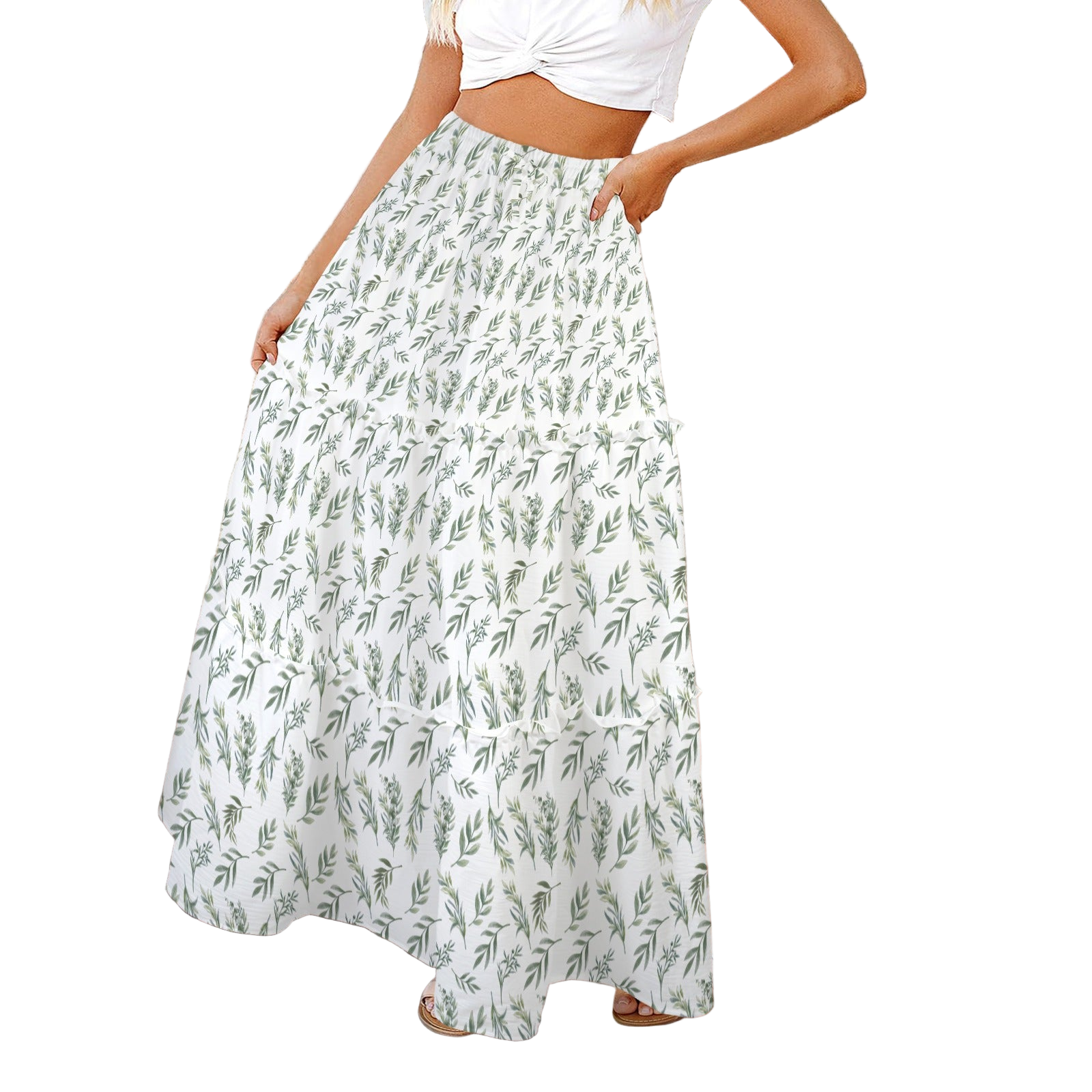 Simple Green Leaves Three Tier Long Skirt up to 5 XL (FWS) white