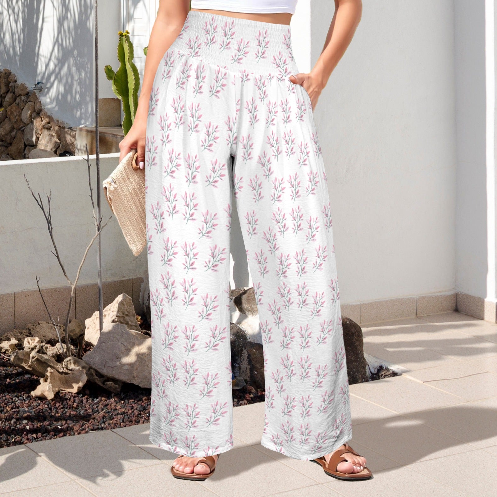 Simple Pink Leaves High Elastic Waist Pants with Wide Legs up to 5 XL 1