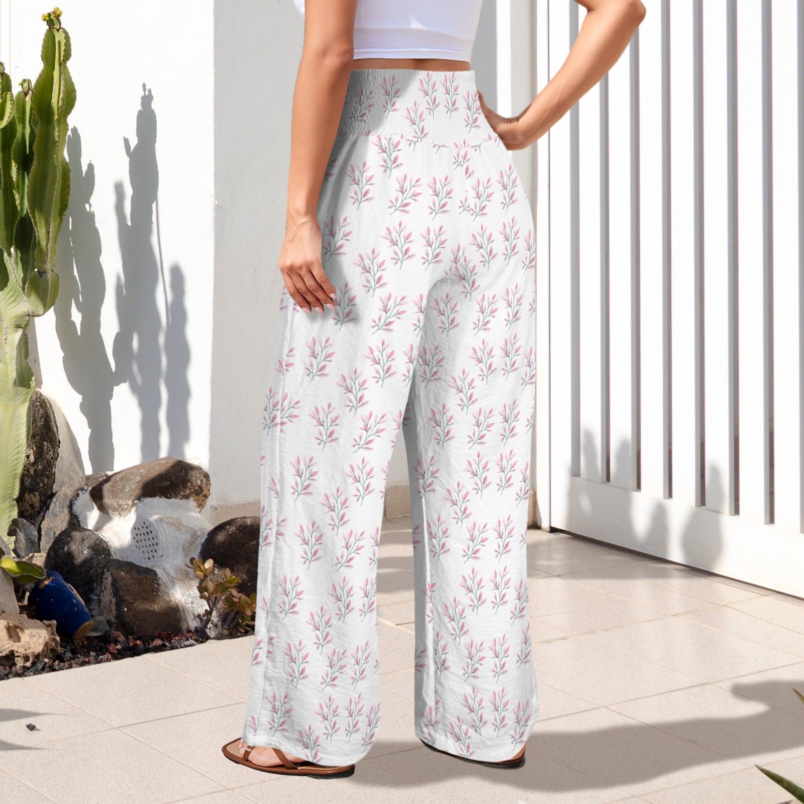Simple Pink Leaves High Elastic Waist Pants with Wide Legs up to 5 XL 4